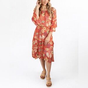 Reba Orange Floral Mesh Elastic Waist Tiered Midi Dress Western Prairie Summer L